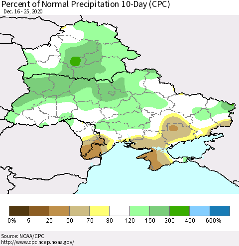 Ukraine, Moldova and Belarus Percent of Normal Precipitation 10-Day (CPC) Thematic Map For 12/16/2020 - 12/25/2020