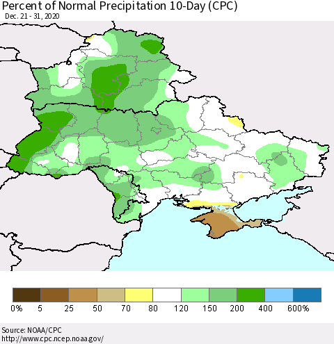 Ukraine, Moldova and Belarus Percent of Normal Precipitation 10-Day (CPC) Thematic Map For 12/21/2020 - 12/31/2020