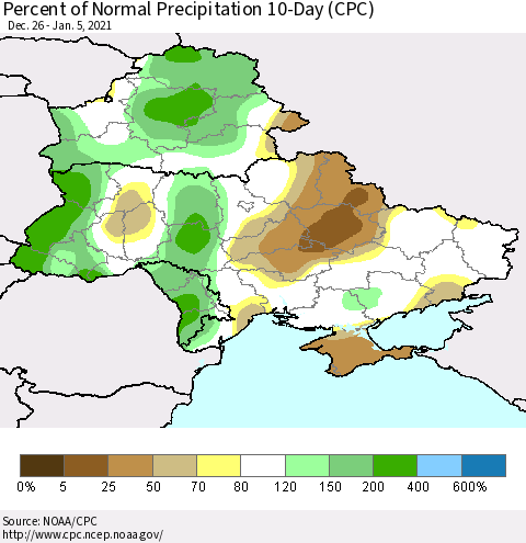 Ukraine, Moldova and Belarus Percent of Normal Precipitation 10-Day (CPC) Thematic Map For 12/26/2020 - 1/5/2021