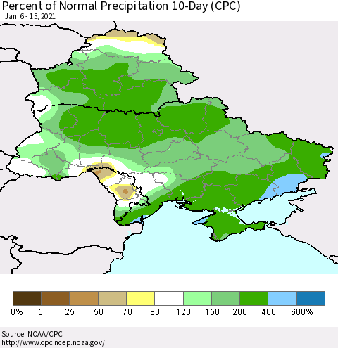 Ukraine, Moldova and Belarus Percent of Normal Precipitation 10-Day (CPC) Thematic Map For 1/6/2021 - 1/15/2021