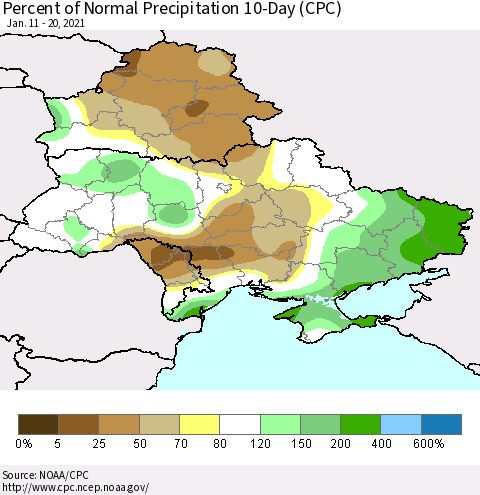 Ukraine, Moldova and Belarus Percent of Normal Precipitation 10-Day (CPC) Thematic Map For 1/11/2021 - 1/20/2021