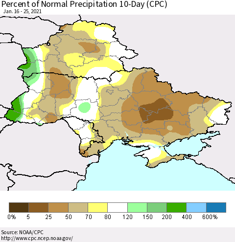 Ukraine, Moldova and Belarus Percent of Normal Precipitation 10-Day (CPC) Thematic Map For 1/16/2021 - 1/25/2021