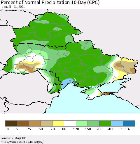 Ukraine, Moldova and Belarus Percent of Normal Precipitation 10-Day (CPC) Thematic Map For 1/21/2021 - 1/31/2021
