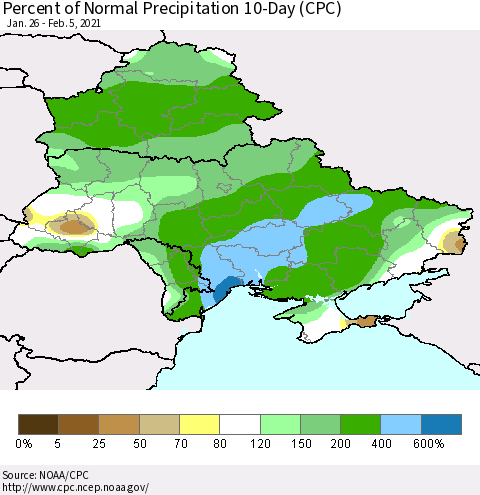 Ukraine, Moldova and Belarus Percent of Normal Precipitation 10-Day (CPC) Thematic Map For 1/26/2021 - 2/5/2021