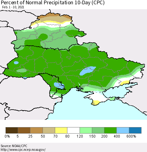 Ukraine, Moldova and Belarus Percent of Normal Precipitation 10-Day (CPC) Thematic Map For 2/1/2021 - 2/10/2021