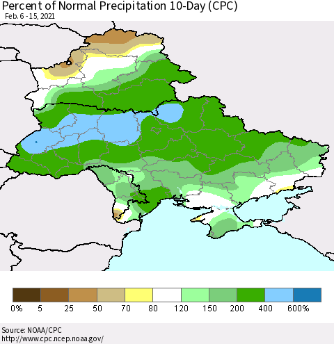 Ukraine, Moldova and Belarus Percent of Normal Precipitation 10-Day (CPC) Thematic Map For 2/6/2021 - 2/15/2021