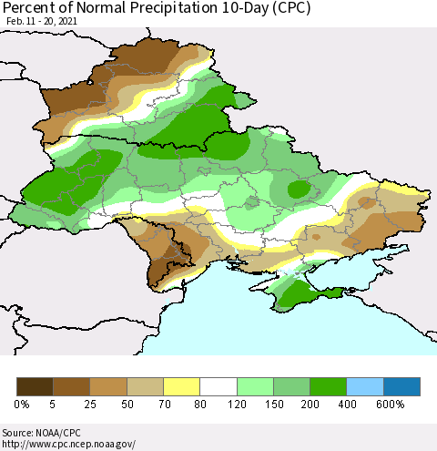 Ukraine, Moldova and Belarus Percent of Normal Precipitation 10-Day (CPC) Thematic Map For 2/11/2021 - 2/20/2021
