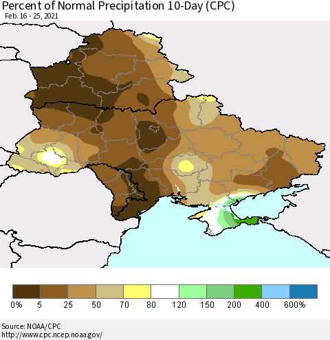 Ukraine, Moldova and Belarus Percent of Normal Precipitation 10-Day (CPC) Thematic Map For 2/16/2021 - 2/25/2021