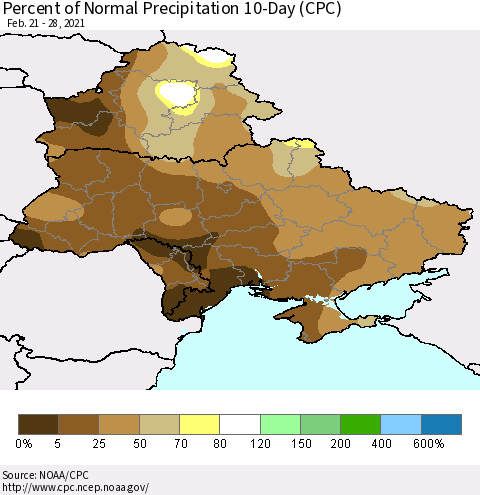 Ukraine, Moldova and Belarus Percent of Normal Precipitation 10-Day (CPC) Thematic Map For 2/21/2021 - 2/28/2021