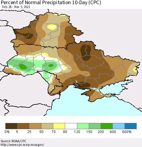 Ukraine, Moldova and Belarus Percent of Normal Precipitation 10-Day (CPC) Thematic Map For 2/26/2021 - 3/5/2021