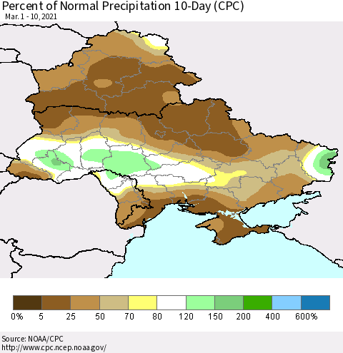 Ukraine, Moldova and Belarus Percent of Normal Precipitation 10-Day (CPC) Thematic Map For 3/1/2021 - 3/10/2021