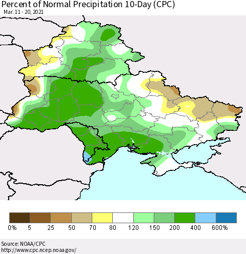 Ukraine, Moldova and Belarus Percent of Normal Precipitation 10-Day (CPC) Thematic Map For 3/11/2021 - 3/20/2021
