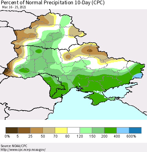 Ukraine, Moldova and Belarus Percent of Normal Precipitation 10-Day (CPC) Thematic Map For 3/16/2021 - 3/25/2021