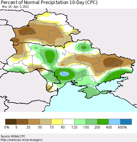Ukraine, Moldova and Belarus Percent of Normal Precipitation 10-Day (CPC) Thematic Map For 3/26/2021 - 4/5/2021