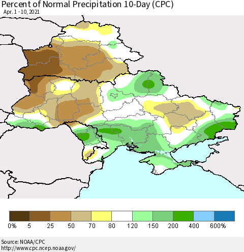 Ukraine, Moldova and Belarus Percent of Normal Precipitation 10-Day (CPC) Thematic Map For 4/1/2021 - 4/10/2021