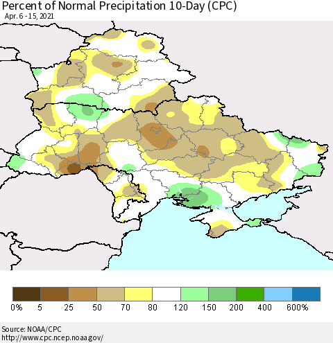 Ukraine, Moldova and Belarus Percent of Normal Precipitation 10-Day (CPC) Thematic Map For 4/6/2021 - 4/15/2021