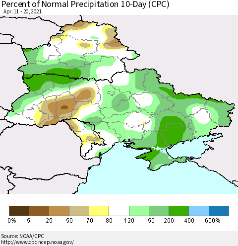 Ukraine, Moldova and Belarus Percent of Normal Precipitation 10-Day (CPC) Thematic Map For 4/11/2021 - 4/20/2021