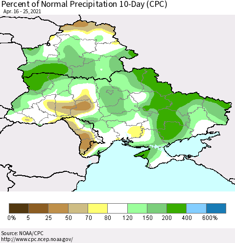 Ukraine, Moldova and Belarus Percent of Normal Precipitation 10-Day (CPC) Thematic Map For 4/16/2021 - 4/25/2021
