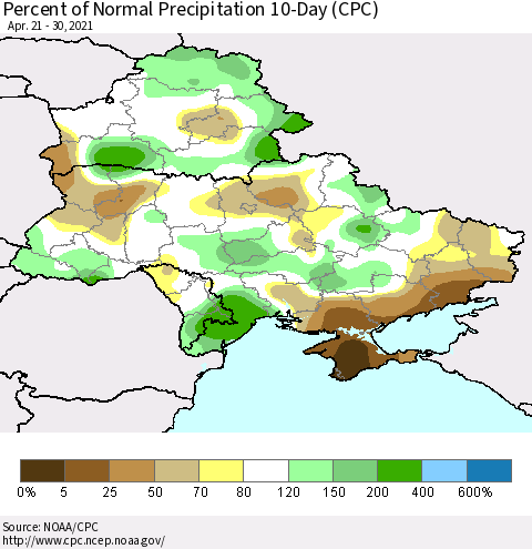 Ukraine, Moldova and Belarus Percent of Normal Precipitation 10-Day (CPC) Thematic Map For 4/21/2021 - 4/30/2021