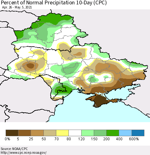 Ukraine, Moldova and Belarus Percent of Normal Precipitation 10-Day (CPC) Thematic Map For 4/26/2021 - 5/5/2021