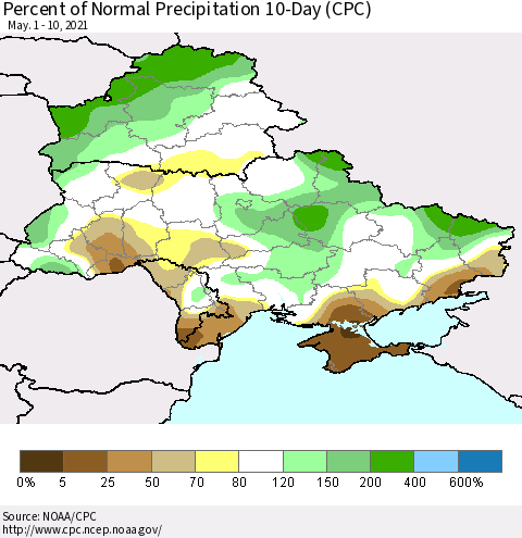 Ukraine, Moldova and Belarus Percent of Normal Precipitation 10-Day (CPC) Thematic Map For 5/1/2021 - 5/10/2021