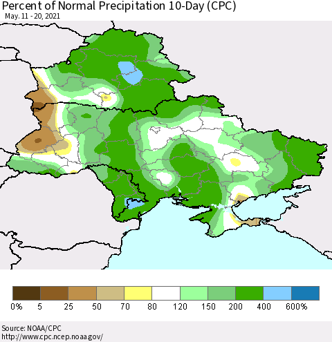 Ukraine, Moldova and Belarus Percent of Normal Precipitation 10-Day (CPC) Thematic Map For 5/11/2021 - 5/20/2021