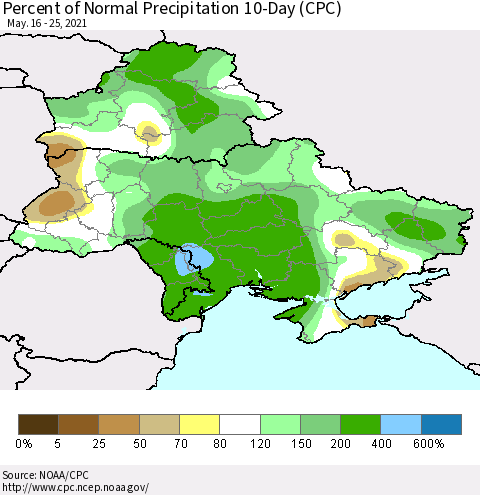 Ukraine, Moldova and Belarus Percent of Normal Precipitation 10-Day (CPC) Thematic Map For 5/16/2021 - 5/25/2021