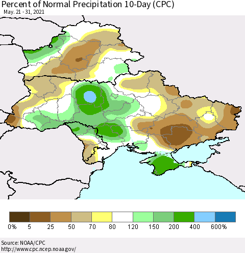 Ukraine, Moldova and Belarus Percent of Normal Precipitation 10-Day (CPC) Thematic Map For 5/21/2021 - 5/31/2021