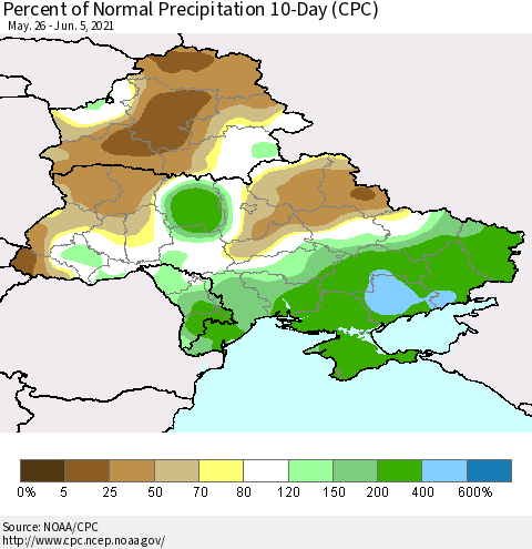 Ukraine, Moldova and Belarus Percent of Normal Precipitation 10-Day (CPC) Thematic Map For 5/26/2021 - 6/5/2021