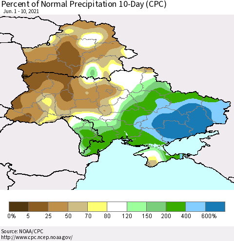Ukraine, Moldova and Belarus Percent of Normal Precipitation 10-Day (CPC) Thematic Map For 6/1/2021 - 6/10/2021