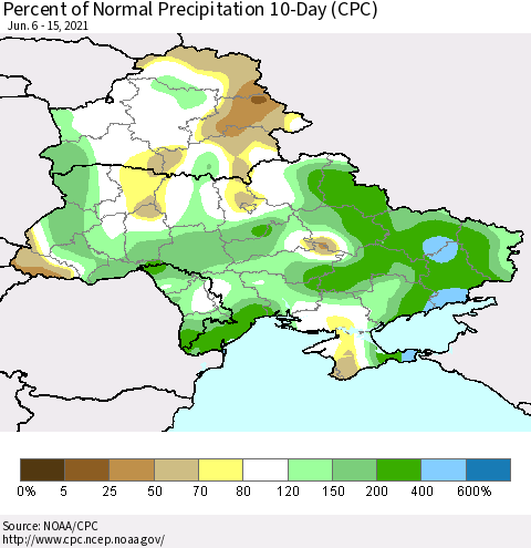 Ukraine, Moldova and Belarus Percent of Normal Precipitation 10-Day (CPC) Thematic Map For 6/6/2021 - 6/15/2021