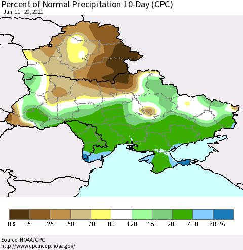 Ukraine, Moldova and Belarus Percent of Normal Precipitation 10-Day (CPC) Thematic Map For 6/11/2021 - 6/20/2021