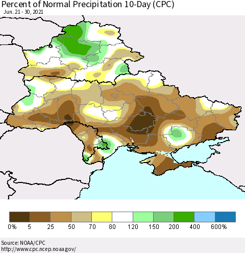 Ukraine, Moldova and Belarus Percent of Normal Precipitation 10-Day (CPC) Thematic Map For 6/21/2021 - 6/30/2021