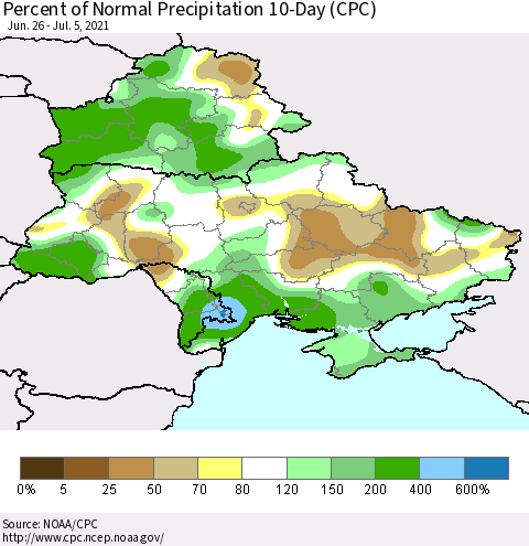 Ukraine, Moldova and Belarus Percent of Normal Precipitation 10-Day (CPC) Thematic Map For 6/26/2021 - 7/5/2021