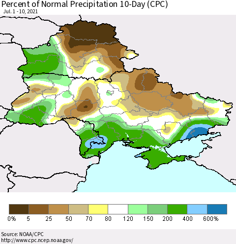 Ukraine, Moldova and Belarus Percent of Normal Precipitation 10-Day (CPC) Thematic Map For 7/1/2021 - 7/10/2021