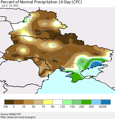 Ukraine, Moldova and Belarus Percent of Normal Precipitation 10-Day (CPC) Thematic Map For 7/6/2021 - 7/15/2021