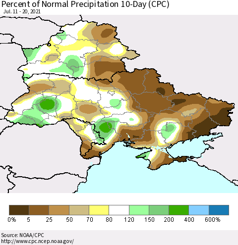 Ukraine, Moldova and Belarus Percent of Normal Precipitation 10-Day (CPC) Thematic Map For 7/11/2021 - 7/20/2021