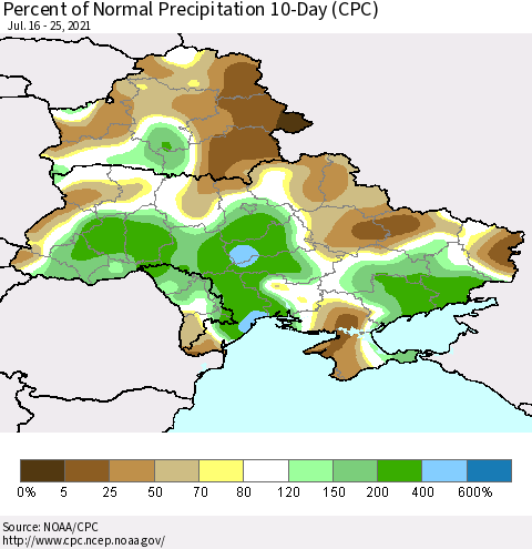Ukraine, Moldova and Belarus Percent of Normal Precipitation 10-Day (CPC) Thematic Map For 7/16/2021 - 7/25/2021