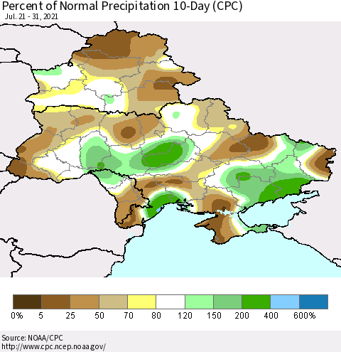 Ukraine, Moldova and Belarus Percent of Normal Precipitation 10-Day (CPC) Thematic Map For 7/21/2021 - 7/31/2021