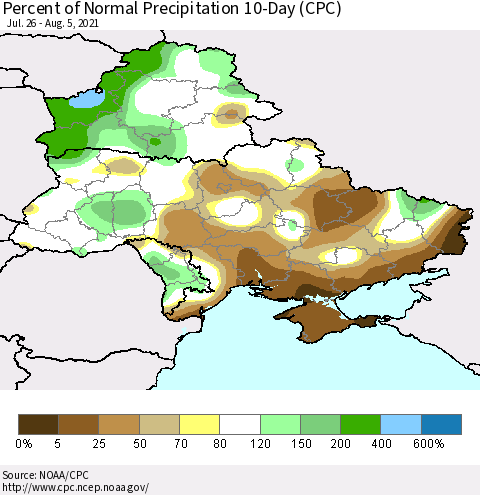 Ukraine, Moldova and Belarus Percent of Normal Precipitation 10-Day (CPC) Thematic Map For 7/26/2021 - 8/5/2021