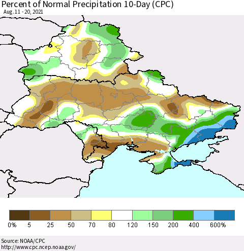 Ukraine, Moldova and Belarus Percent of Normal Precipitation 10-Day (CPC) Thematic Map For 8/11/2021 - 8/20/2021