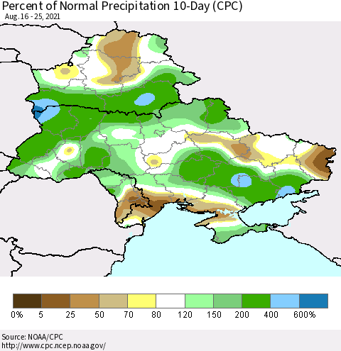 Ukraine, Moldova and Belarus Percent of Normal Precipitation 10-Day (CPC) Thematic Map For 8/16/2021 - 8/25/2021