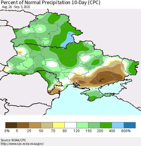 Ukraine, Moldova and Belarus Percent of Normal Precipitation 10-Day (CPC) Thematic Map For 8/26/2021 - 9/5/2021