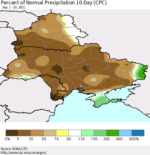 Ukraine, Moldova and Belarus Percent of Normal Precipitation 10-Day (CPC) Thematic Map For 9/1/2021 - 9/10/2021