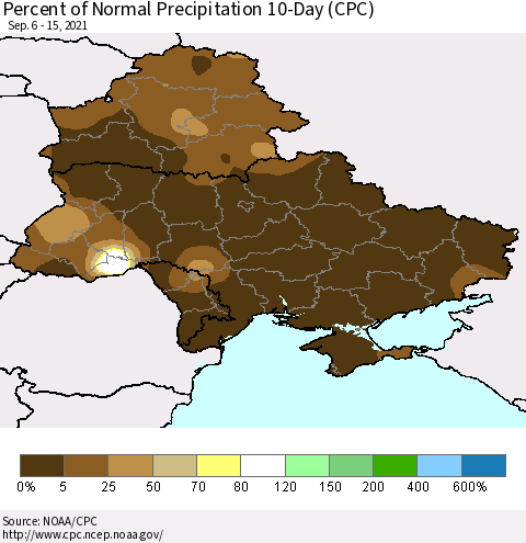 Ukraine, Moldova and Belarus Percent of Normal Precipitation 10-Day (CPC) Thematic Map For 9/6/2021 - 9/15/2021