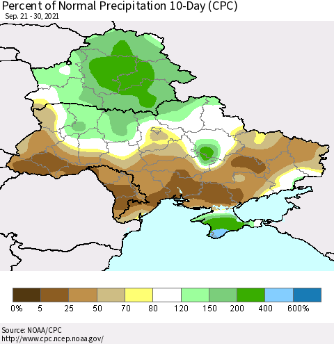 Ukraine, Moldova and Belarus Percent of Normal Precipitation 10-Day (CPC) Thematic Map For 9/21/2021 - 9/30/2021
