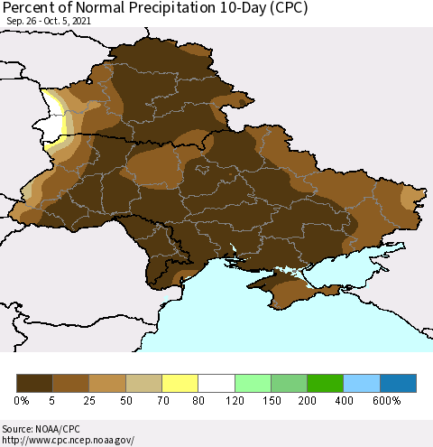 Ukraine, Moldova and Belarus Percent of Normal Precipitation 10-Day (CPC) Thematic Map For 9/26/2021 - 10/5/2021