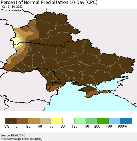 Ukraine, Moldova and Belarus Percent of Normal Precipitation 10-Day (CPC) Thematic Map For 10/1/2021 - 10/10/2021
