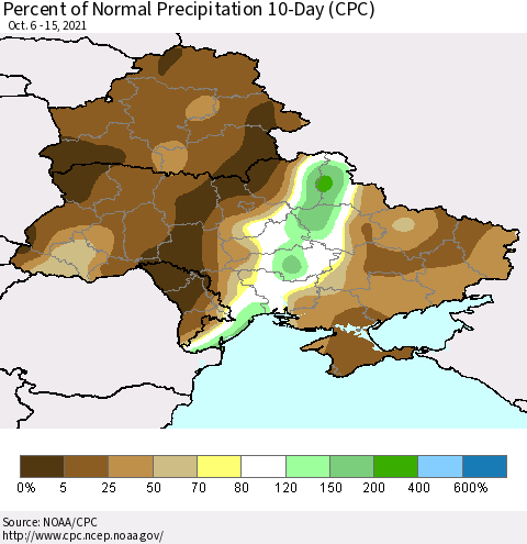 Ukraine, Moldova and Belarus Percent of Normal Precipitation 10-Day (CPC) Thematic Map For 10/6/2021 - 10/15/2021