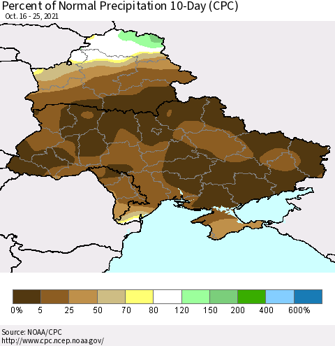 Ukraine, Moldova and Belarus Percent of Normal Precipitation 10-Day (CPC) Thematic Map For 10/16/2021 - 10/25/2021